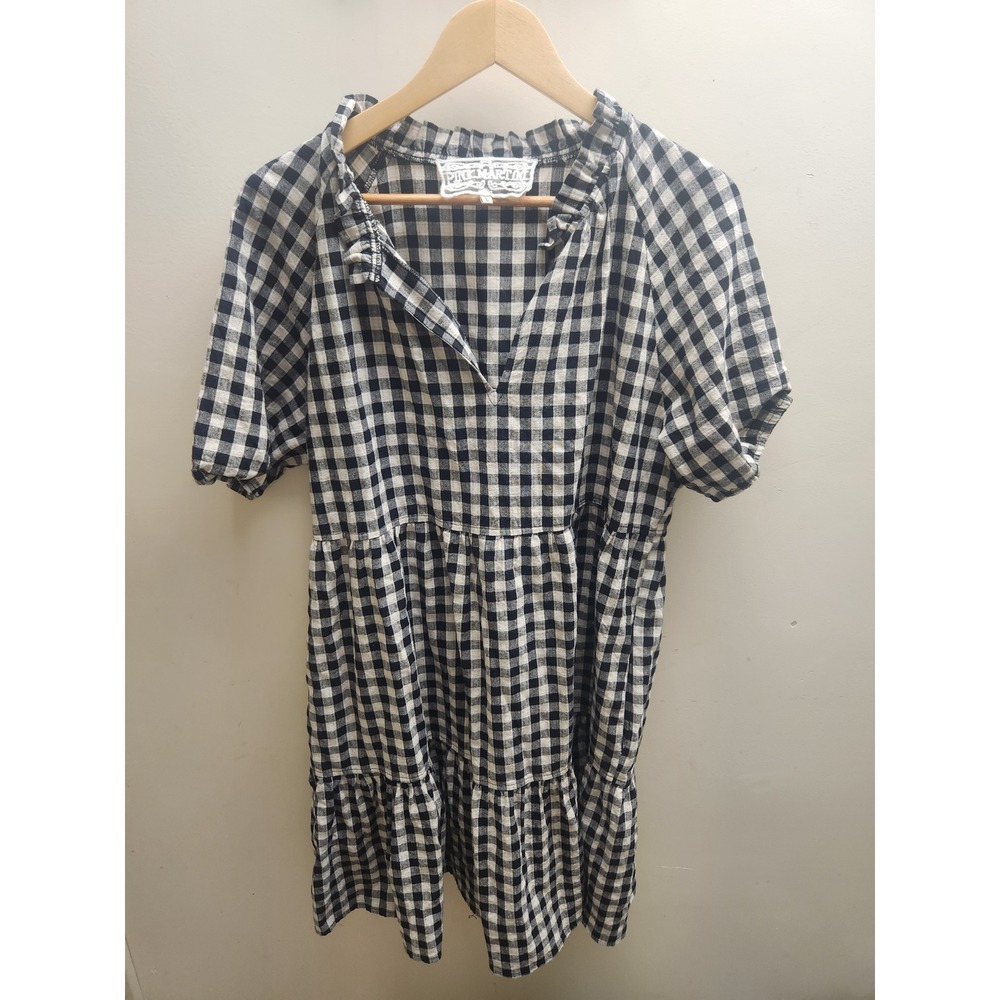 Pink Martini Gingham Babydoll Dress Black Cream Tiered‎ Ruffle Neck L